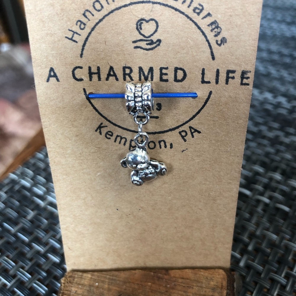 NWT, Handmade by A Charmed Life. Two Sided Silver Teddy Bear on Bail